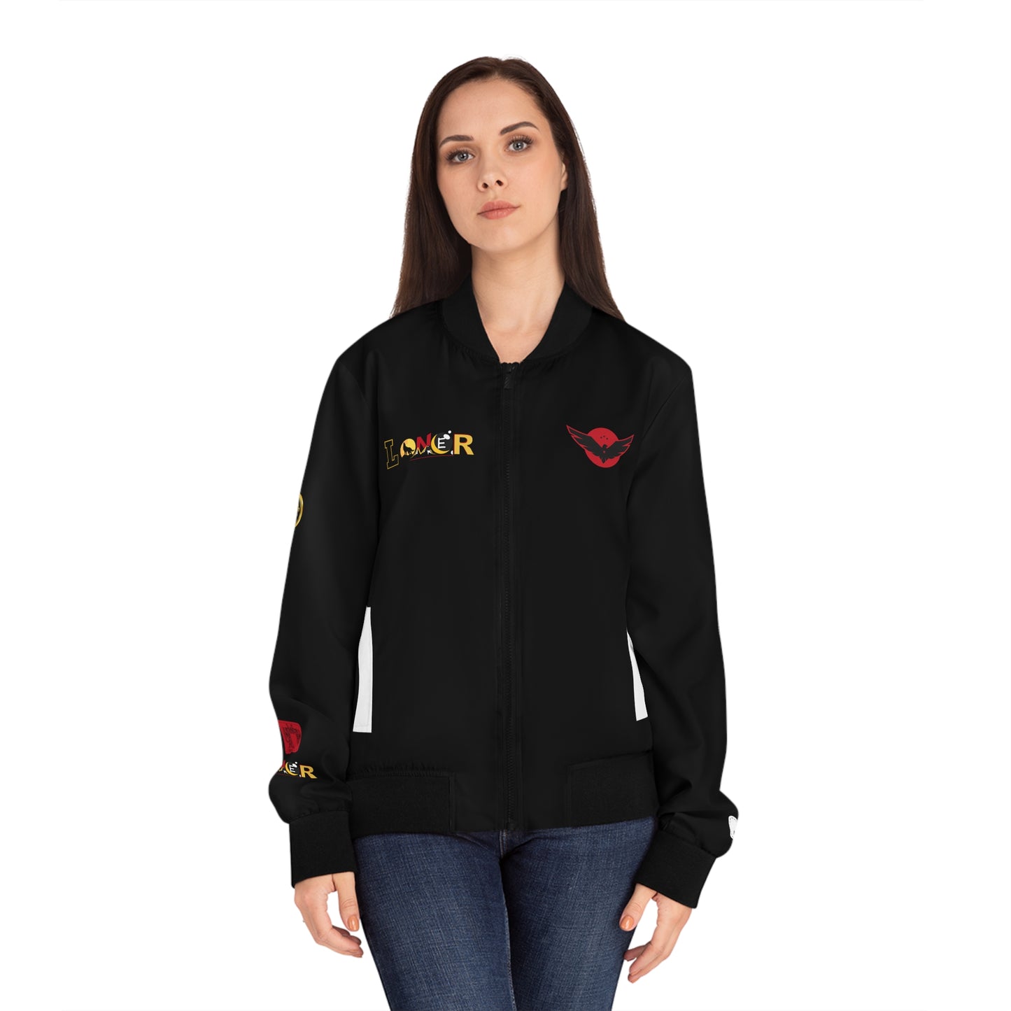 Skull Flames "Loner" Women's Bomber Jacket — Gothic Punk Graphic Outerwear