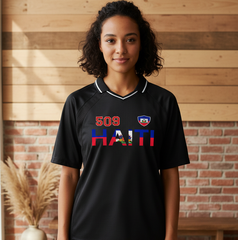 Haitian Pride and Flag Themed Striped V-Neck Unisex  Soccer Jersey