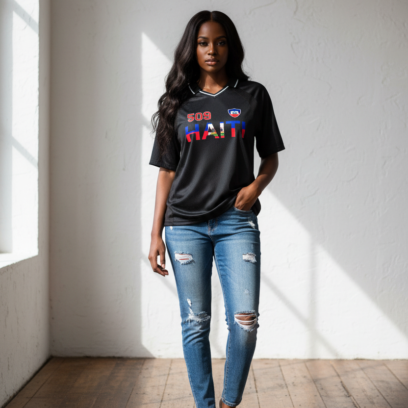 Haitian Pride and Flag Themed Striped V-Neck Unisex  Soccer Jersey