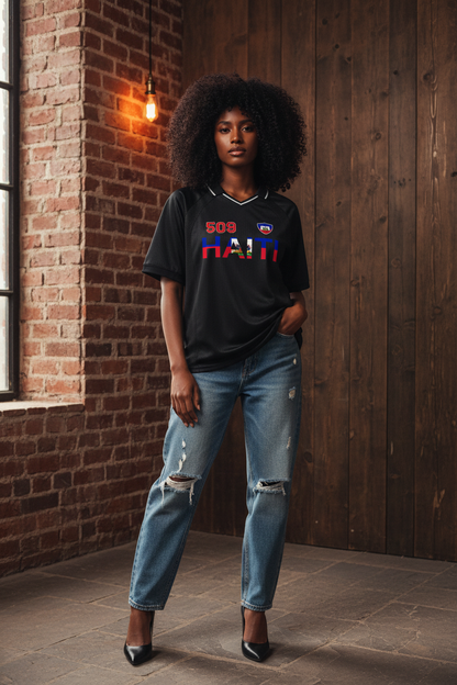 Haitian Pride and Flag Themed Striped V-Neck Unisex  Soccer Jersey