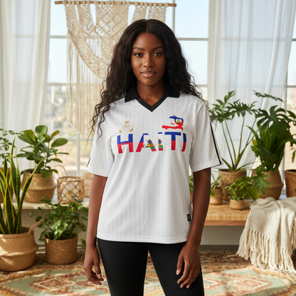 Haiti Flag Themed Contrast Collar Striped Soccer Jersey