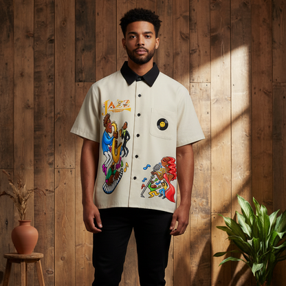 Jazz Band and Singer Graphic Unisex Color Block Short Sleeve Shirt
