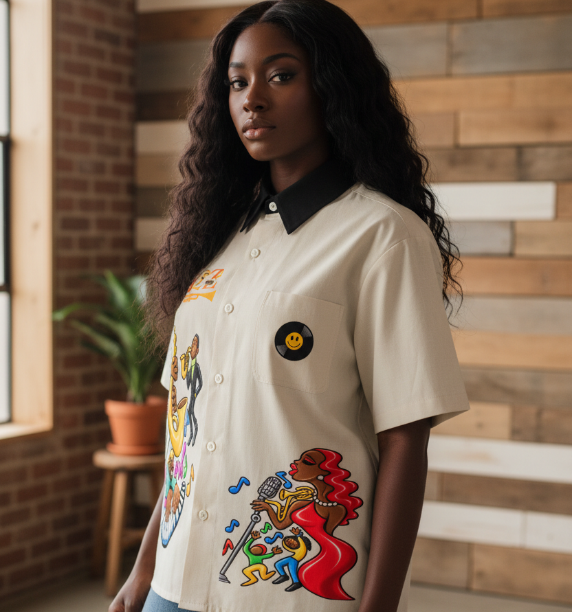 Jazz Band and Singer Graphic Unisex Color Block Short Sleeve Shirt