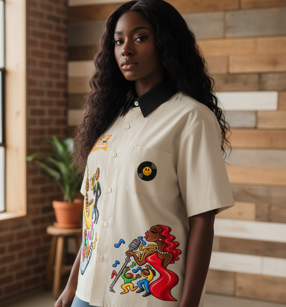 Jazz Band and Singer Graphic Unisex Color Block Short Sleeve Shirt