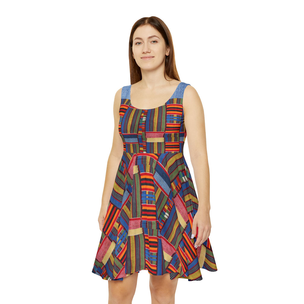 Womens Skater Dress — Colorful Geometric Patchwork Print Printify