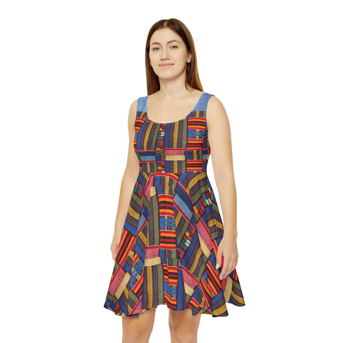 Womens Skater Dress — Colorful Geometric Patchwork Print Printify