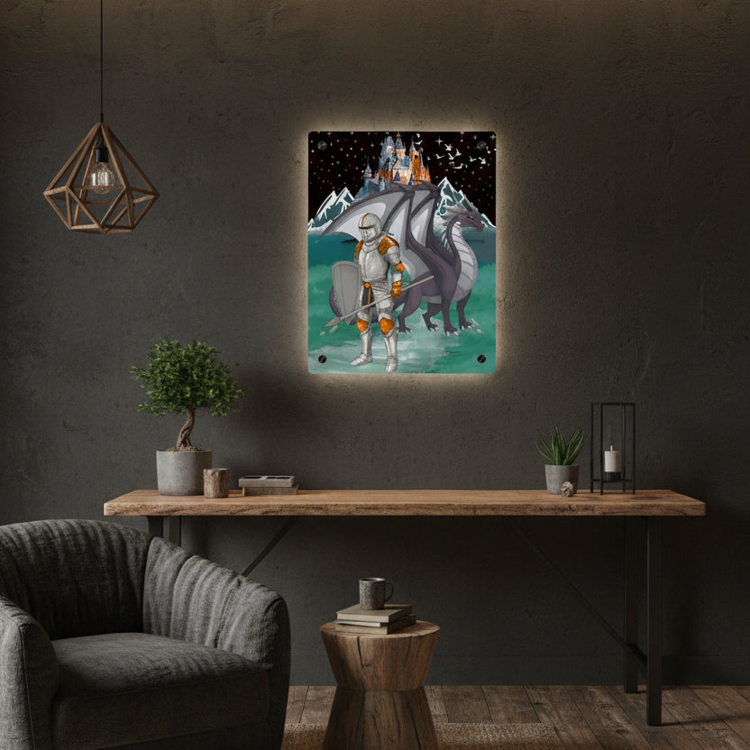 Knight and Dragon Acrylic Wall Art Panel — Fantasy Castle Nightscape Décor Printify