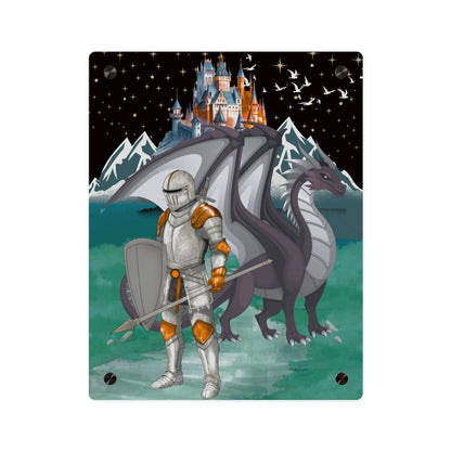 Knight and Dragon Acrylic Wall Art Panel — Fantasy Castle Nightscape Décor
