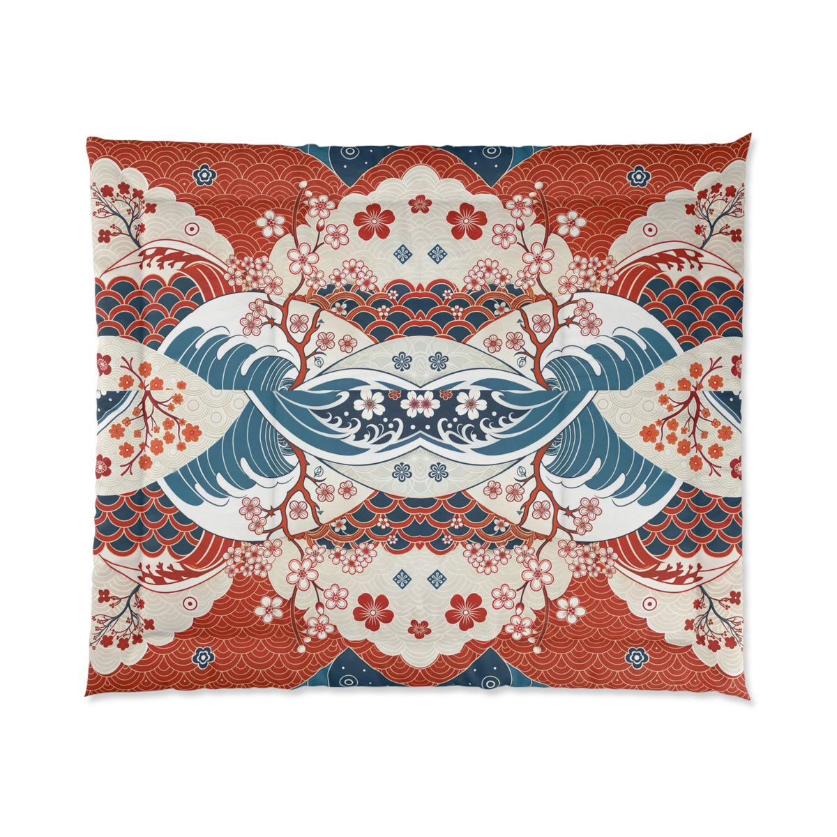 Elegant Floral Comforter, Boho Chic Bedding, Japanese Wave Design Quilt Printify