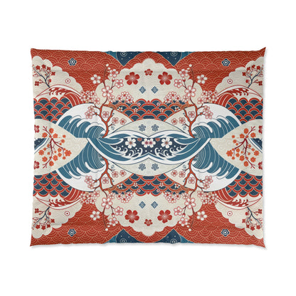 Elegant Floral Comforter, Boho Chic Bedding, Japanese Wave Design Quilt