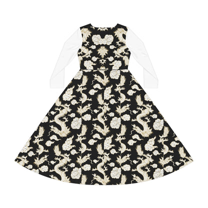 Elegant Dragon Print Long Sleeve Dance Dress | Boho Style, Dance Wear, Vintage Inspired
