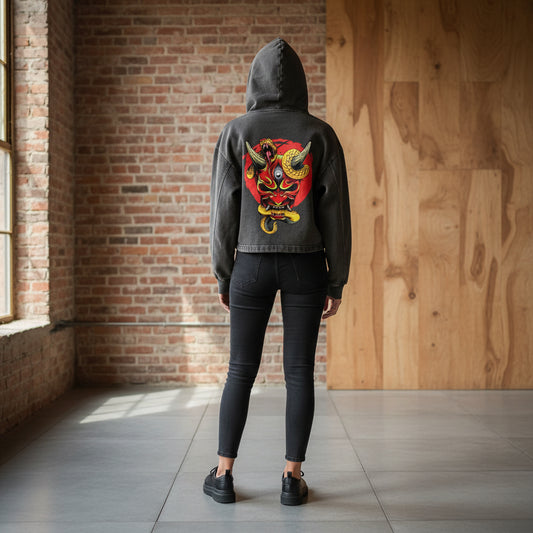 Unisex Samurai Menpo Graphic Vintage Washed Frayed-Hem Hoodie ODMPOD