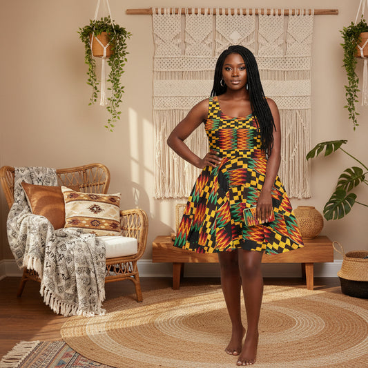 Kente Print Skater Dress — African-Inspired Bold Pattern Sundress