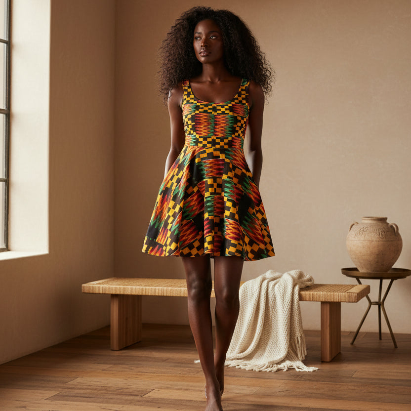 Kente Print Skater Dress — African-Inspired Bold Pattern Sundress Printify