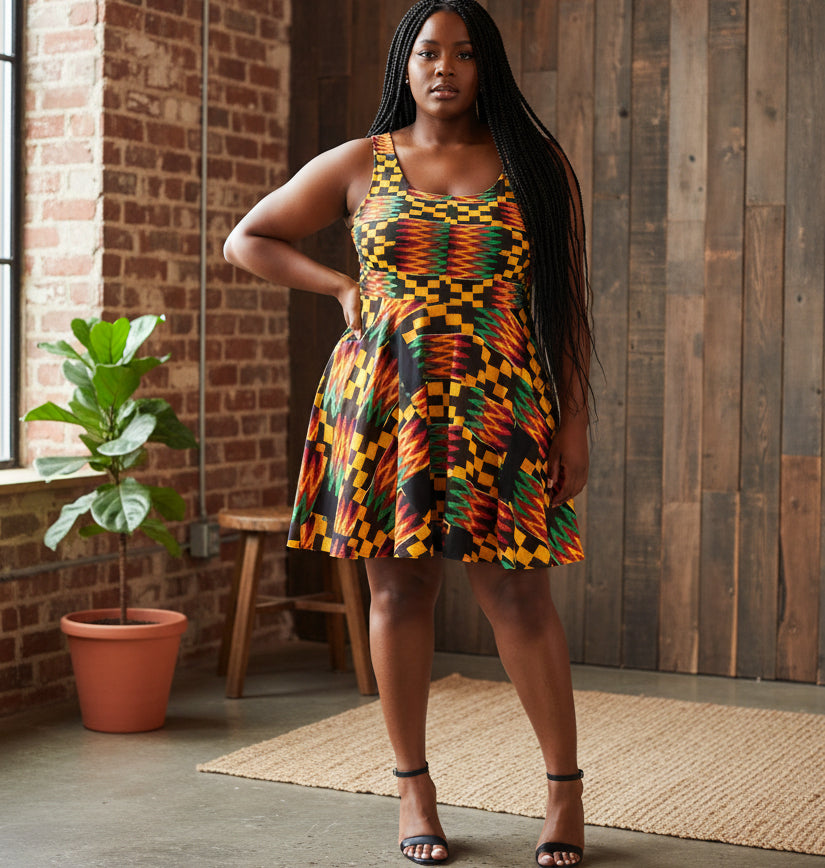 Kente Print Skater Dress — African-Inspired Bold Pattern Sundress