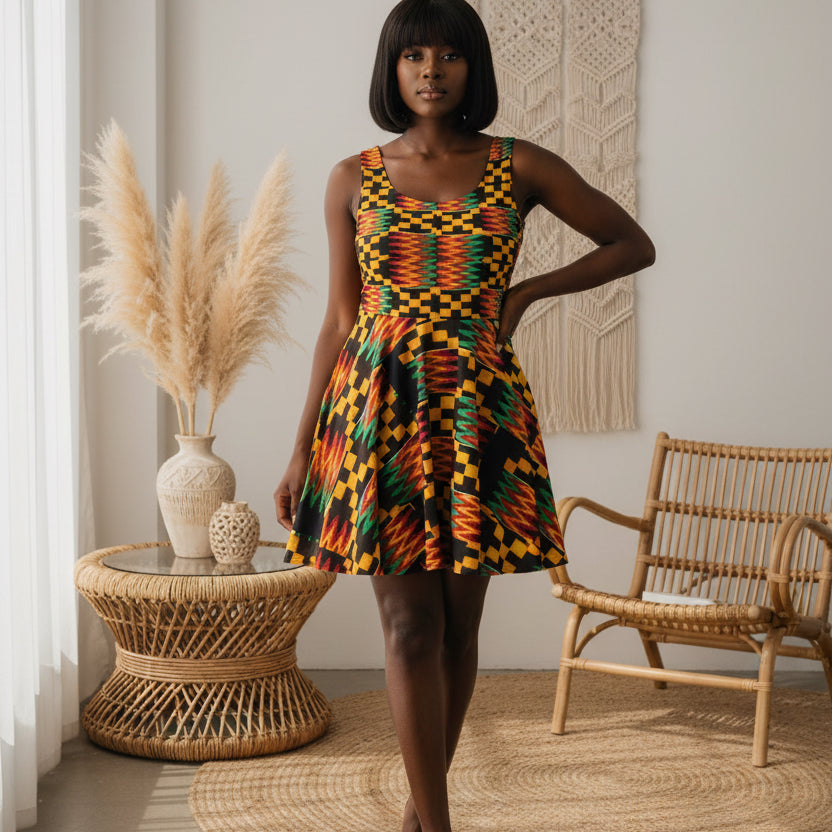 Kente Print Skater Dress — African-Inspired Bold Pattern Sundress