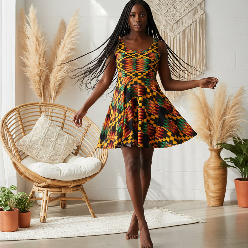 Kente Print Skater Dress — African-Inspired Bold Pattern Sundress