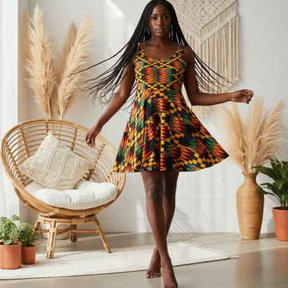 Kente Print Skater Dress — African-Inspired Bold Pattern Sundress