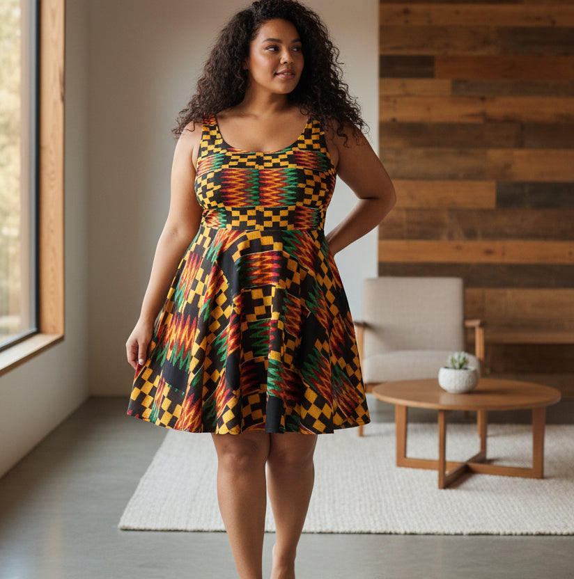 Kente Print Skater Dress — African-Inspired Bold Pattern Sundress