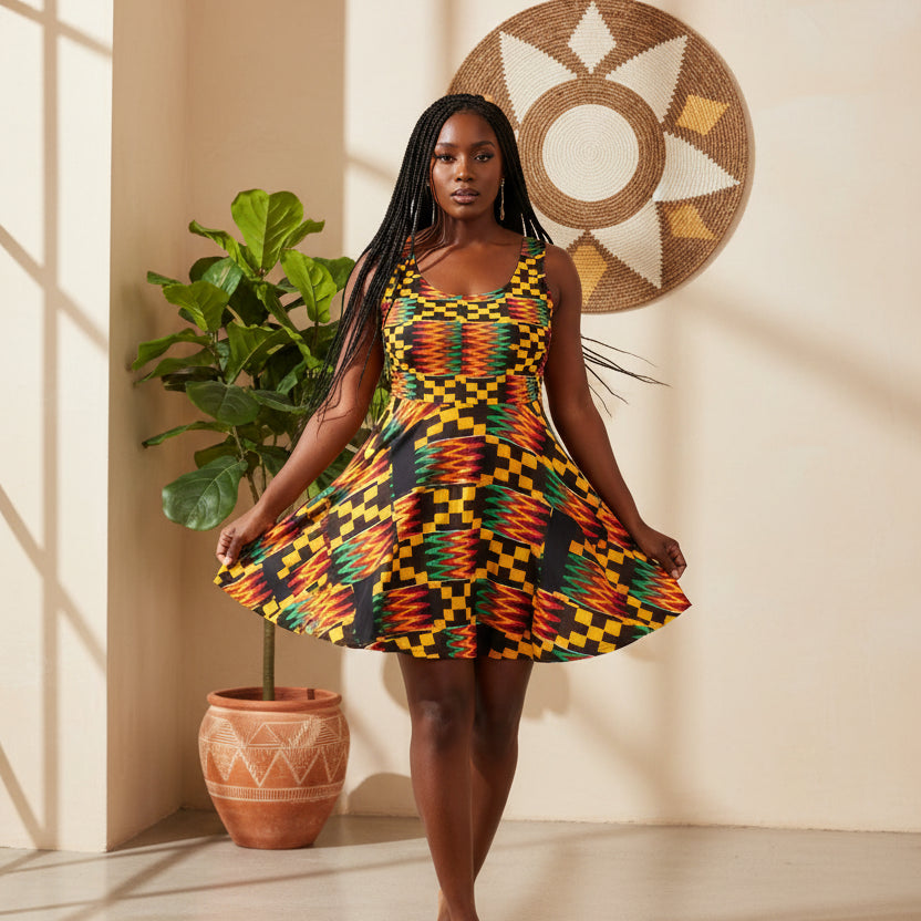 Kente Print Skater Dress — African-Inspired Bold Pattern Sundress