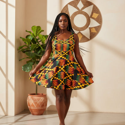 Kente Print Skater Dress — African-Inspired Bold Pattern Sundress
