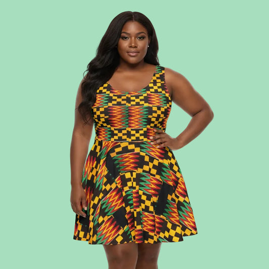 Kente Print Skater Dress — African-Inspired Bold Pattern Sundress