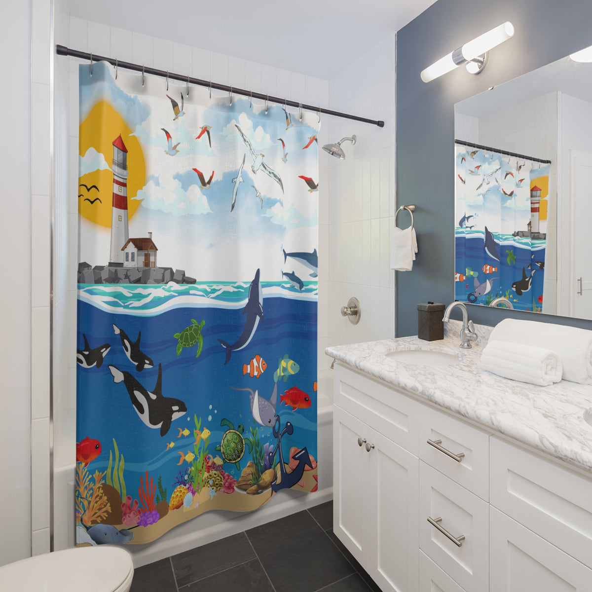 Coastal Vibes Shower Curtain, Nautical Bathroom Decor, Ocean Theme Printify