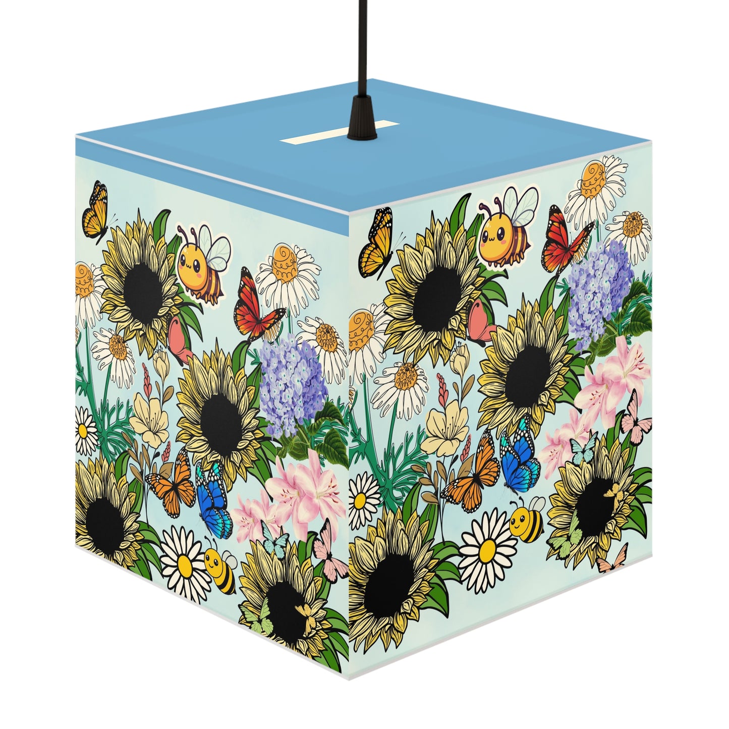 Sunflower Meadow Light Cube Lamp — Floral Bee & Butterfly Hanging Nightlight
