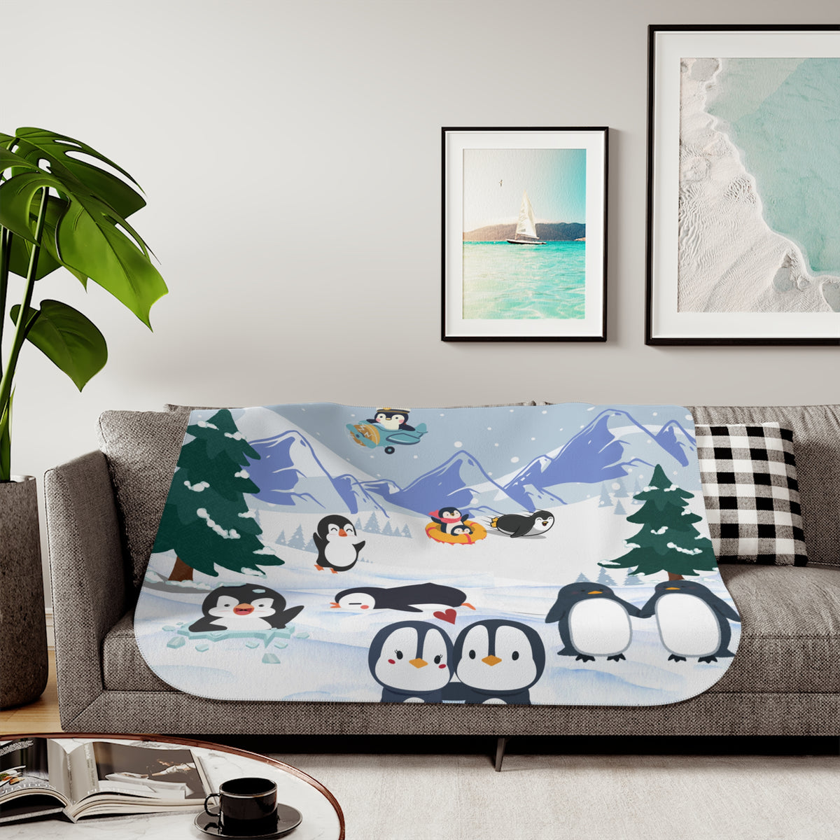 Cozy Sherpa Blanket with Fun Penguin Design | Warm Gift for Kids, Winter, Holiday, Home Decor, Snuggle Time Printify