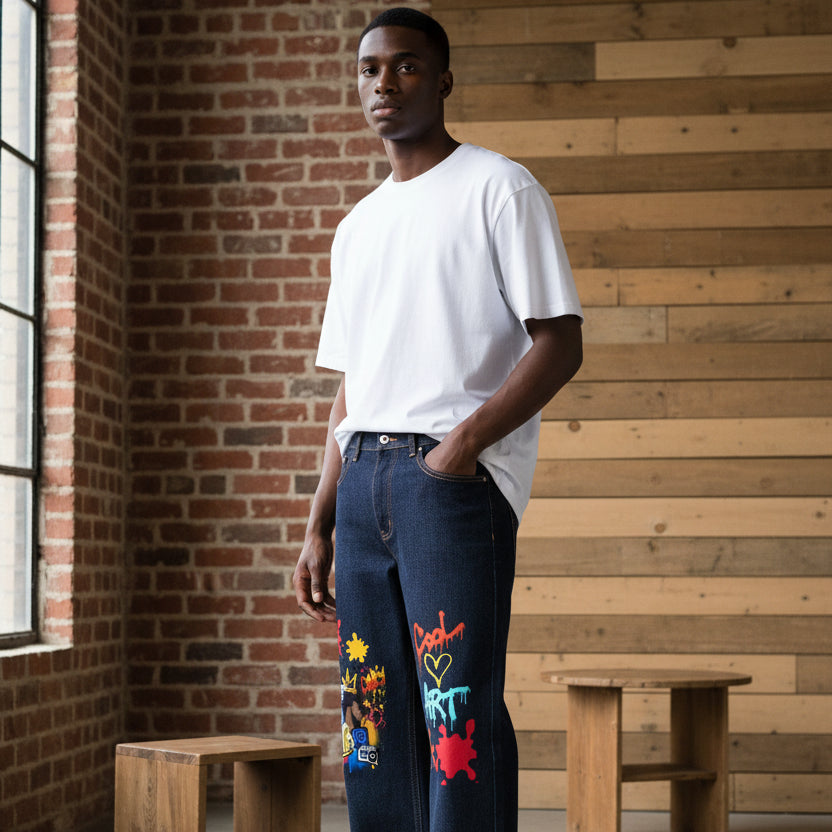 Men's Heavyweight Straight-Leg Denim Jeans Featuring Colorful Music-Themed Graffiti Graphics ODMPOD