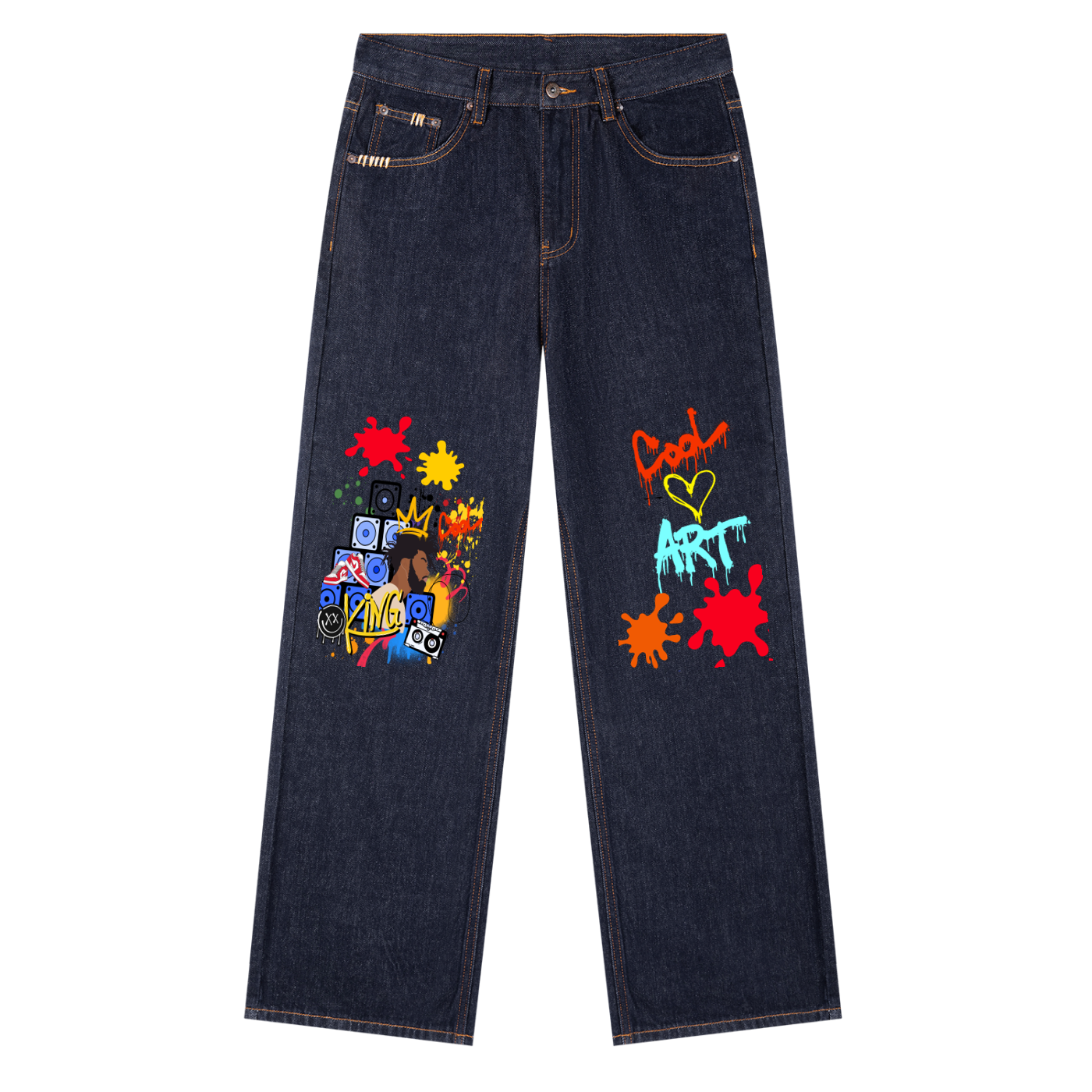 Men's Heavyweight Straight-Leg Denim Jeans Featuring Colorful Music-Themed Graffiti Graphics ODMPOD