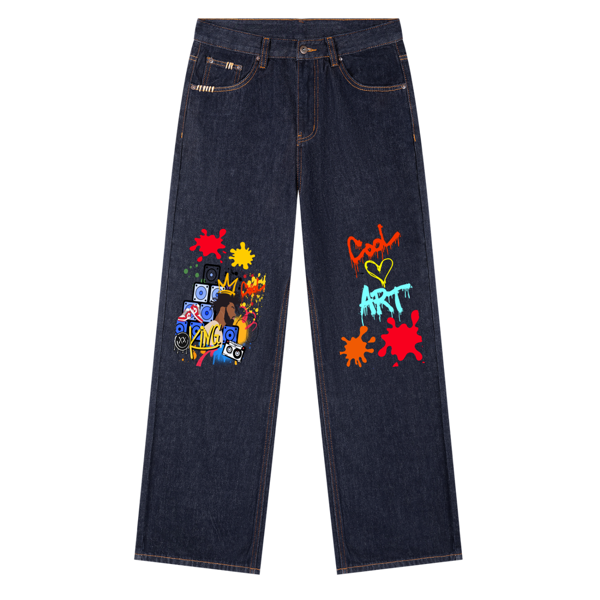 Men's Heavyweight Straight-Leg Denim Jeans Featuring Colorful Music-Themed Graffiti Graphics ODMPOD