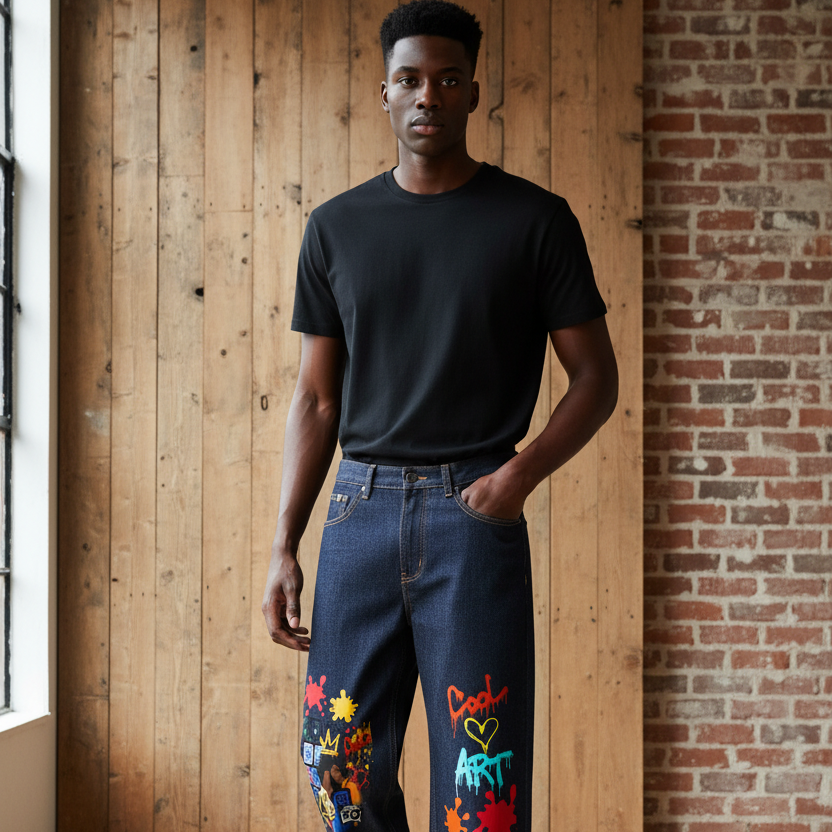 Men's Heavyweight Straight-Leg Denim Jeans Featuring Colorful Music-Themed Graffiti Graphics ODMPOD