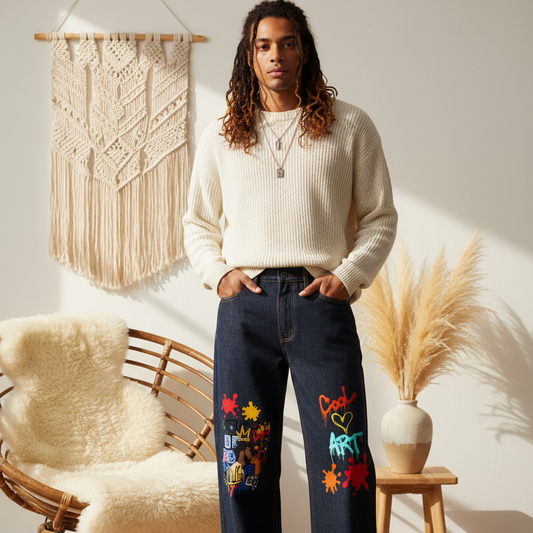 Colorful Graffiti Music Themed Graphic Men's Heavyweight Straight Leg Denim Jeans