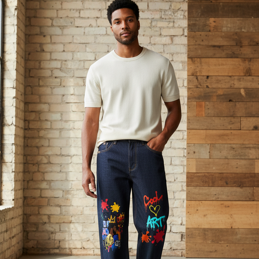 Men's Heavyweight Straight-Leg Denim Jeans Featuring Colorful Music-Themed Graffiti Graphics ODMPOD