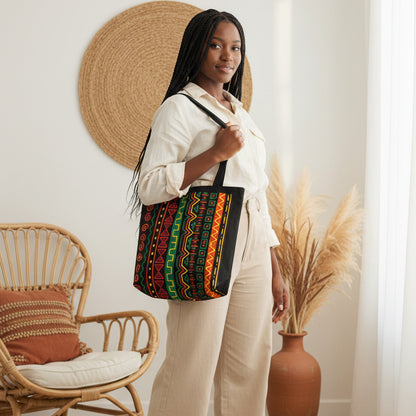 Afrocentric Pattern Canvas Tote — Colorful Tribal Stripe Beach & Market Bag