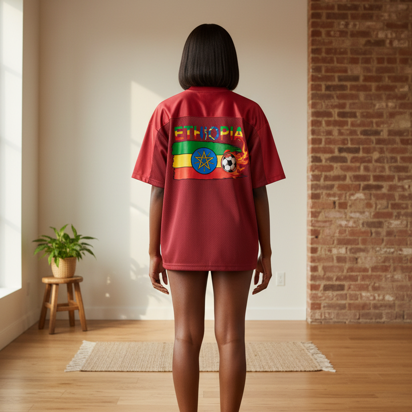 Ethiopia Flag Themed Graphic Mesh V-Neck Soccer Jersey