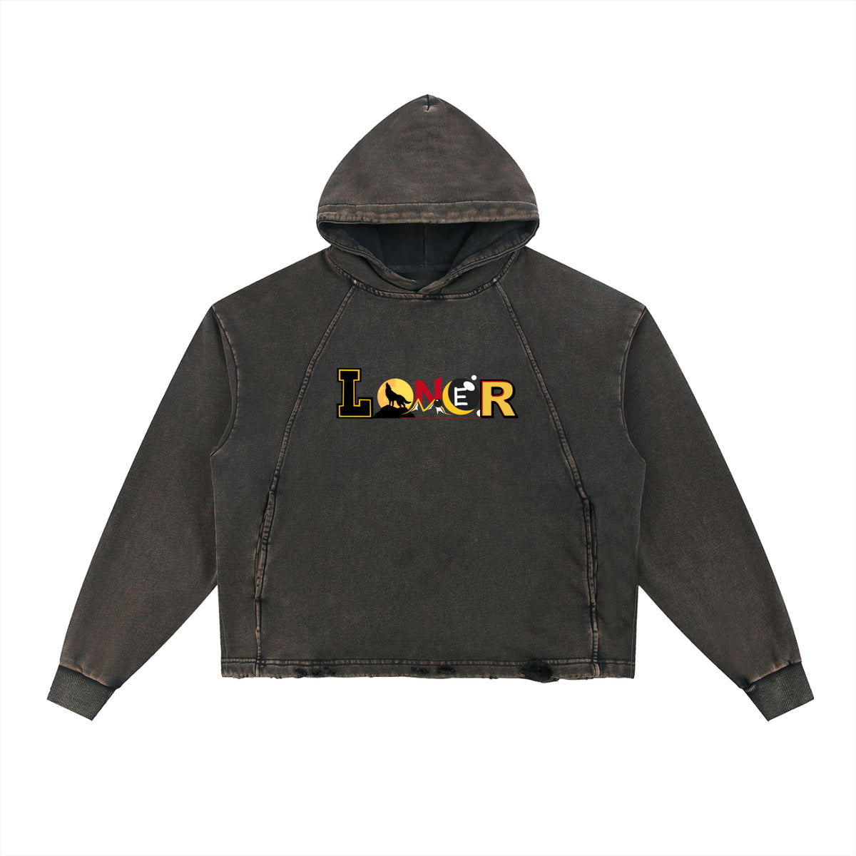 Medieval Dragon Themed Graphic Vintage Washed Frayed-Hem Hoodie ODMPOD