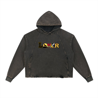 Medieval Dragon Themed Graphic Vintage Washed Frayed-Hem Hoodie