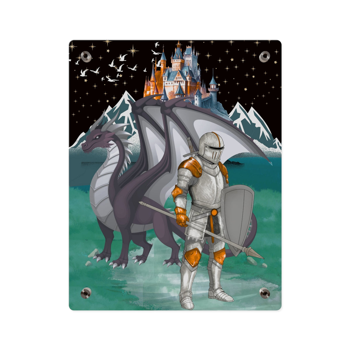 Knight and Dragon Acrylic Wall Art Panel — Fantasy Castle Nightscape Décor Printify