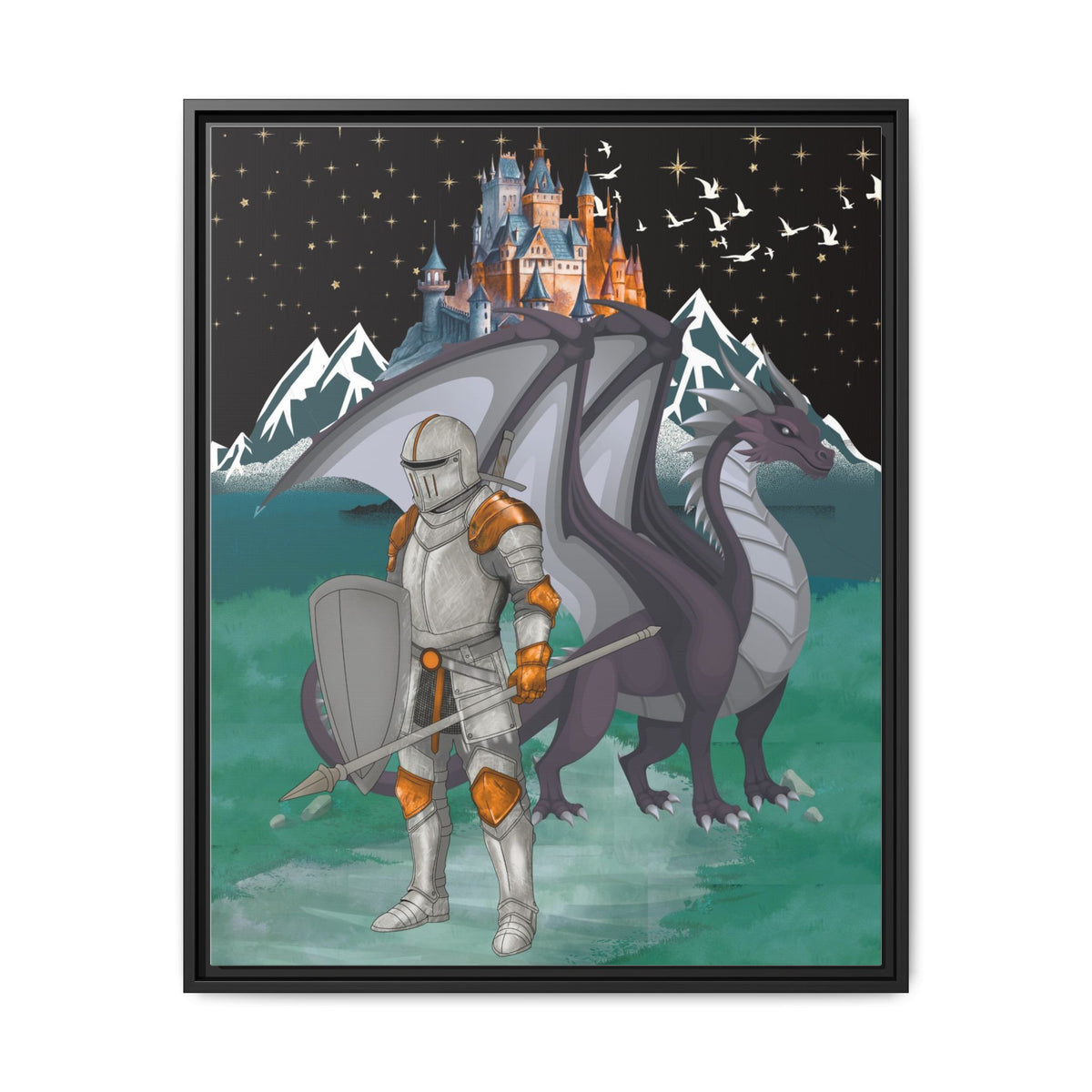 Knight and Dragon Fantasy Art, Framed Matte Canvas Printify