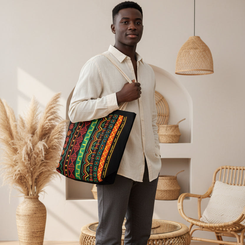 Afrocentric Pattern Canvas Tote — Colorful Tribal Stripe Beach & Market Bag