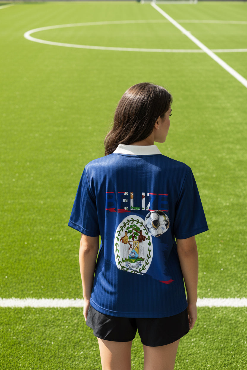Belize Flag Themed Graphic Contrast Collar Striped Soccer Unisex Jersey