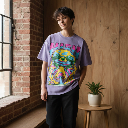 Unisex Oversized Cotton T-Shirt with Graphic Alien Art in Snow Wash