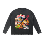 Foodie Themed Graphic Vintage Washed Hand-Frayed Sweater