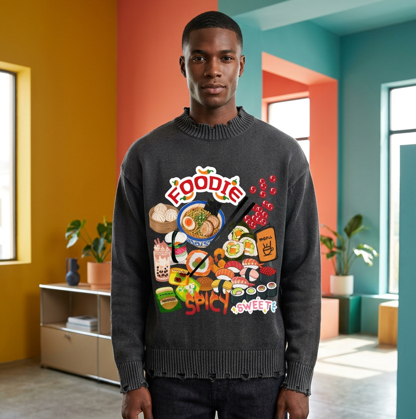 Foodie Themed Graphic Vintage Washed Hand-Frayed Sweater