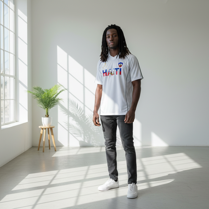 Unisex Haiti Flag Themed Graphic Shadow Stripe Collared Soccer Jersey