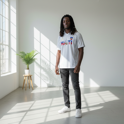 Unisex Haiti Flag Themed Graphic Shadow Stripe Collared Soccer Jersey