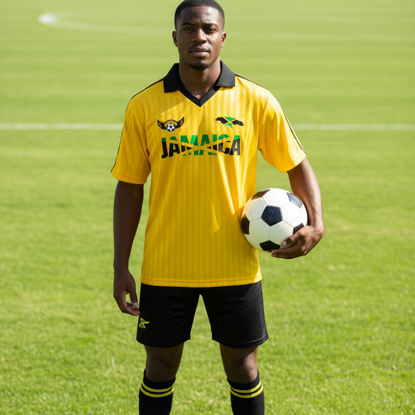 Unisex Soccer Jersey Featuring a Jamaican Flag-Inspired Design with Contrast Collar and Striped Pattern ODMPOD