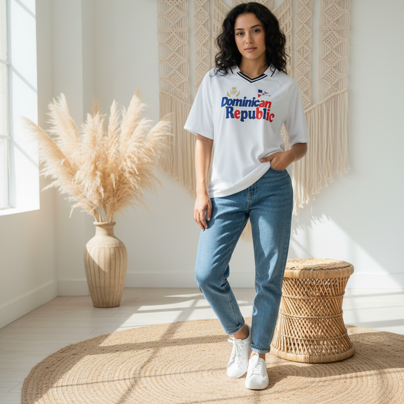 Dominican Republic Flag Themed Graphic Striped V-Neck Soccer Unisex Jersey